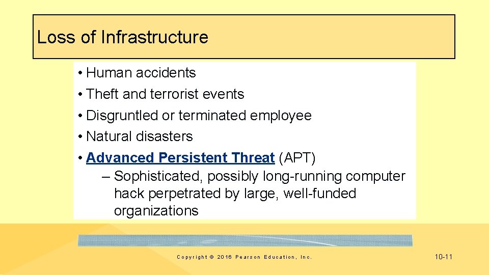 Loss of Infrastructure • Human accidents • Theft and terrorist events • Disgruntled or