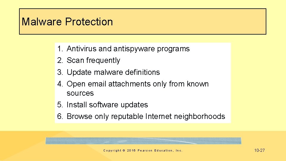 Malware Protection 1. 2. 3. 4. Antivirus and antispyware programs Scan frequently Update malware
