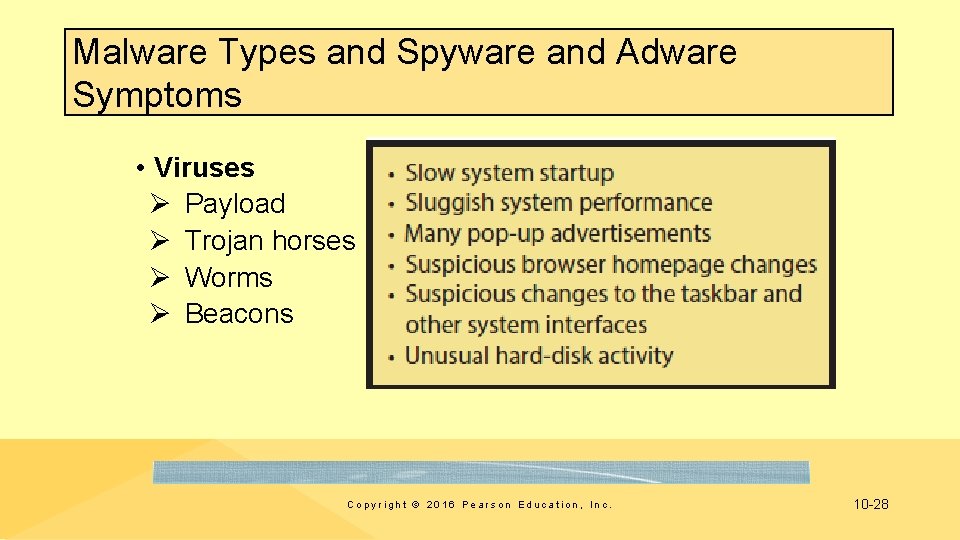 Malware Types and Spyware and Adware Symptoms • Viruses Ø Payload Ø Trojan horses
