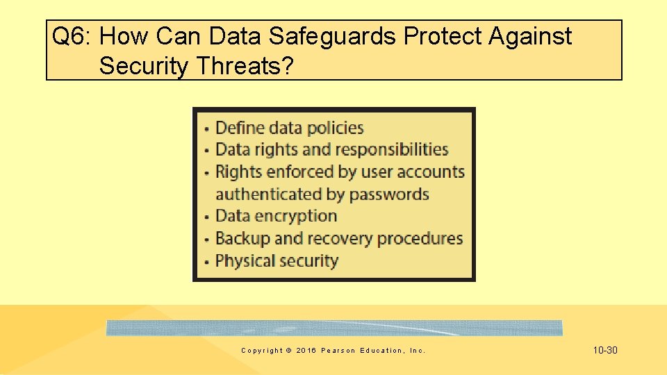 Q 6: How Can Data Safeguards Protect Against Security Threats? Copyright © 2016 Pearson