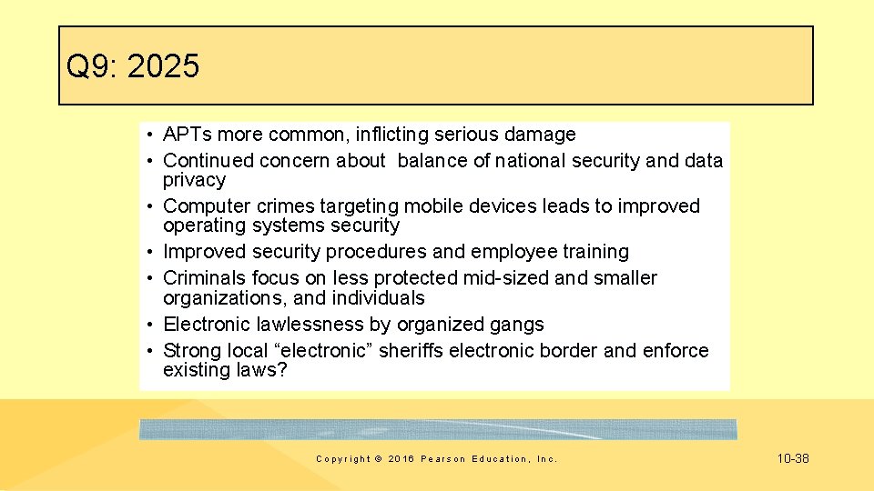 Q 9: 2025 • APTs more common, inflicting serious damage • Continued concern about