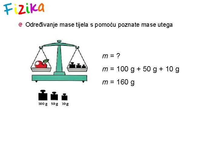 Određivanje mase tijela s pomoću poznate mase utega m=? m = 100 g +