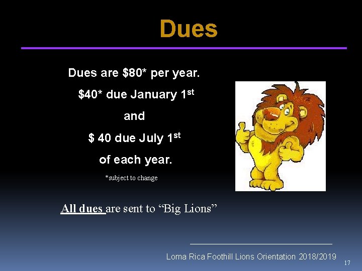 Dues are $80* per year. $40* due January 1 st and $ 40 due
