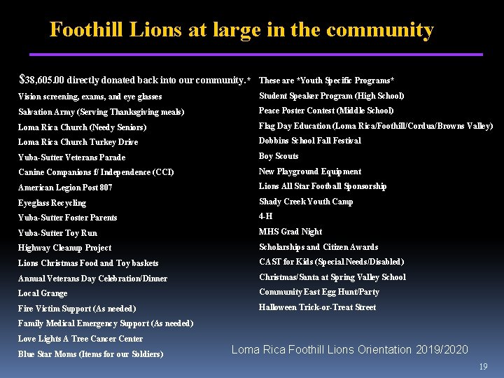 Foothill Lions at large in the community $38, 605. 00 directly donated back into