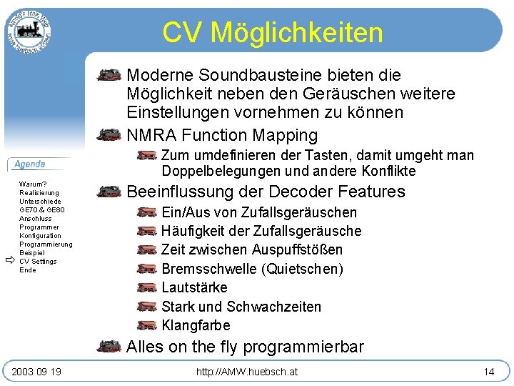 CV Möglichkeiten Moderne Soundbausteine bieten die Möglichkeit neben den Geräuschen weitere Einstellungen vornehmen zu