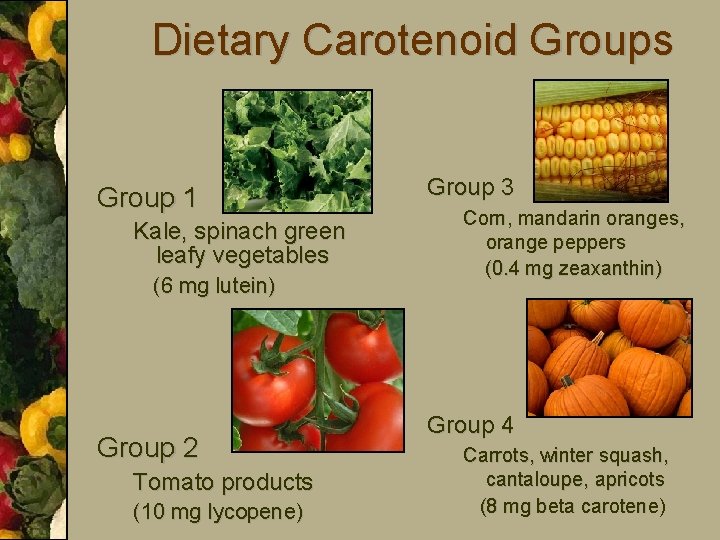 Dietary Carotenoid Groups Group 1 Kale, spinach green leafy vegetables (6 mg lutein) Group