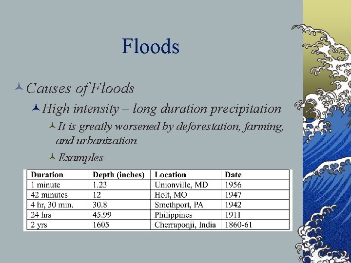 Floods ©Causes of Floods ©High intensity – long duration precipitation ©It is greatly worsened