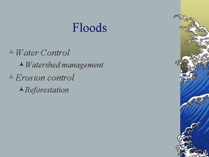 Floods ©Water Control ©Watershed management ©Erosion control ©Reforestation 