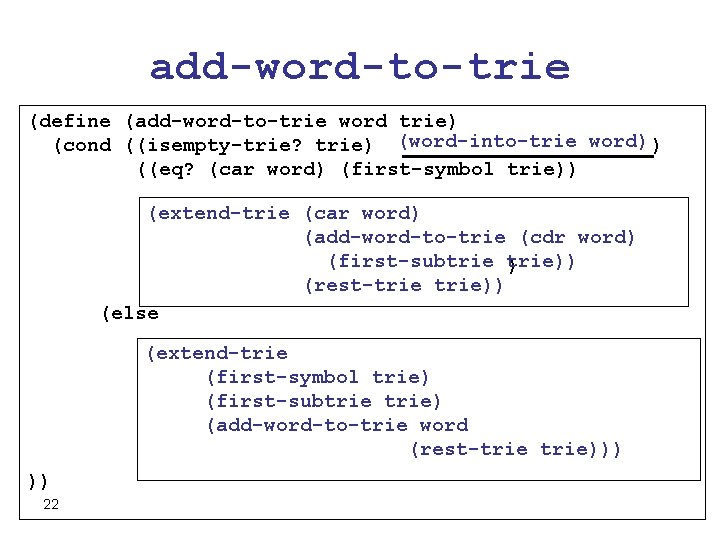 add-word-to-trie (define (add-word-to-trie word trie) (cond ((isempty-trie? trie) (word-into-trie word) ) ((eq? (car word)