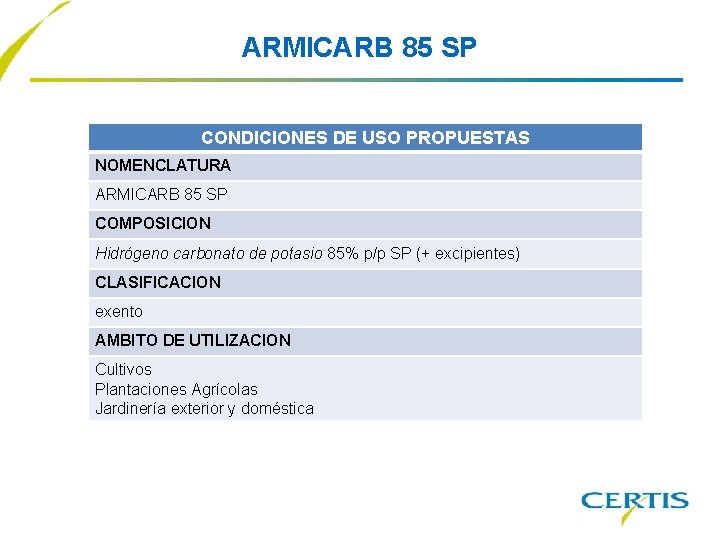 ARMICARB 85 SP CONDICIONES DE USO PROPUESTAS NOMENCLATURA ARMICARB 85 SP COMPOSICION Hidrógeno carbonato