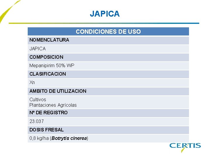 JAPICA CONDICIONES DE USO NOMENCLATURA JAPICA COMPOSICION Mepanipirim 50% WP CLASIFICACION Xn AMBITO DE