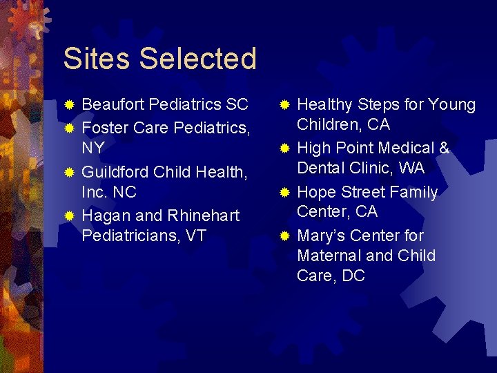 Sites Selected Beaufort Pediatrics SC ® Foster Care Pediatrics, NY ® Guildford Child Health,