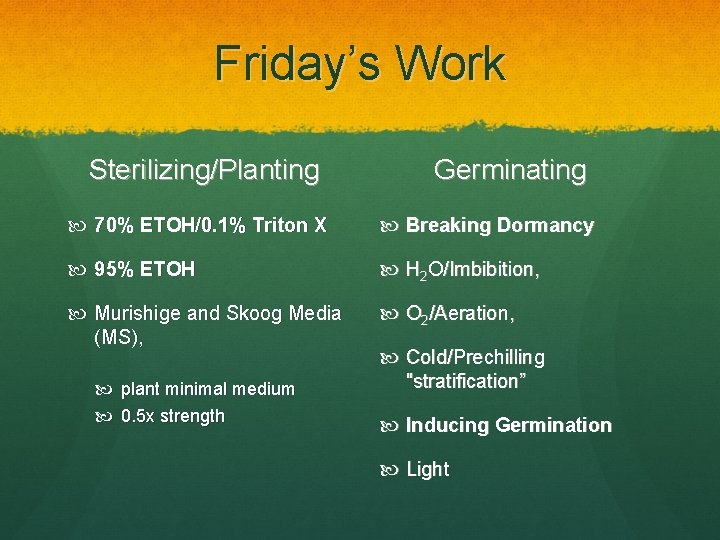 Friday’s Work Sterilizing/Planting Germinating 70% ETOH/0. 1% Triton X Breaking Dormancy 95% ETOH H Friday’s Work Sterilizing/Planting Germinating 70% ETOH/0. 1% Triton X Breaking Dormancy 95% ETOH H