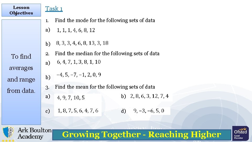 Lesson Objectives Task 1 1. Find the mode for the following sets of data