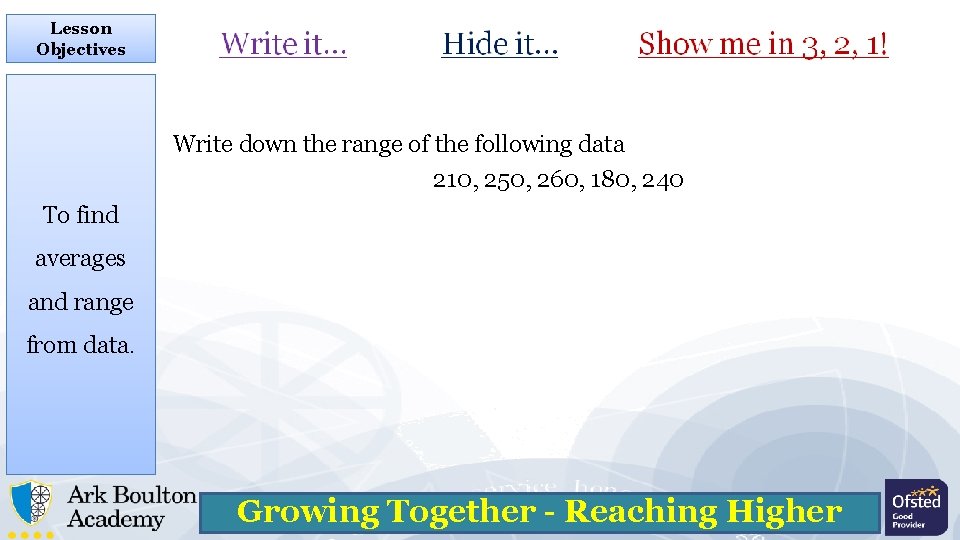 Lesson Objectives Write down the range of the following data 210, 250, 260, 180,