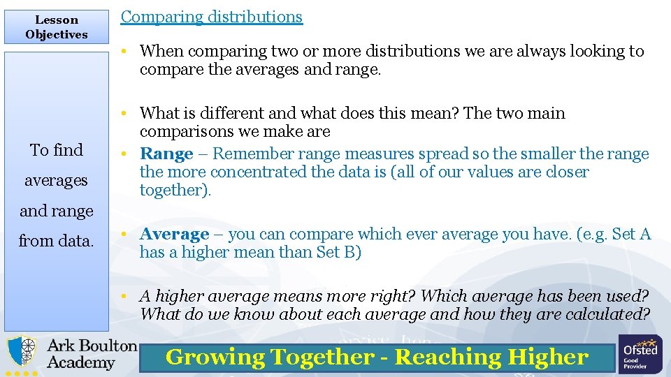 Lesson Objectives Comparing distributions • When comparing two or more distributions we are always