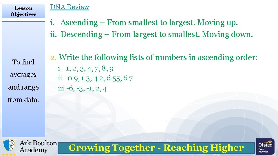 Lesson Objectives DNA Review i. Ascending – From smallest to largest. Moving up. ii.