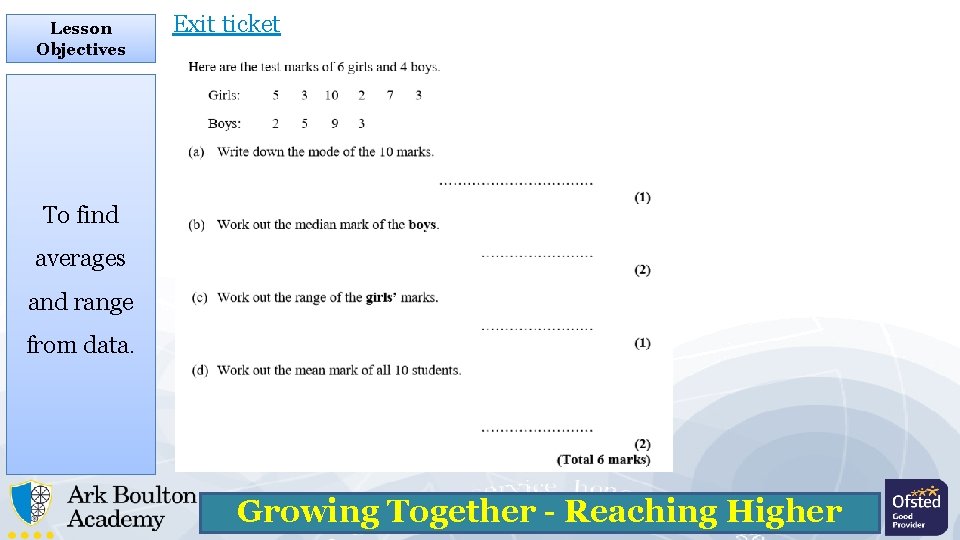 Lesson Objectives Exit ticket To find averages and range from data. Growing Together -