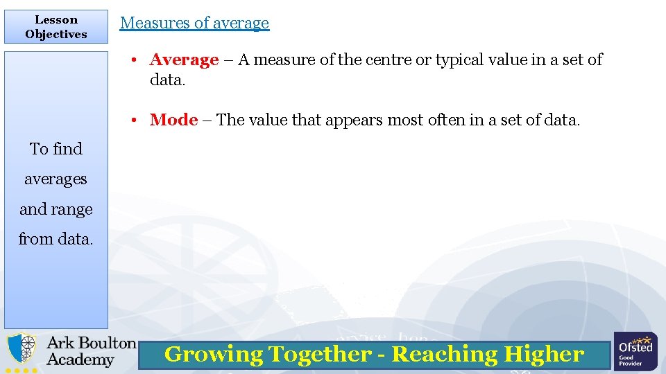 Lesson Objectives Measures of average • Average – A measure of the centre or