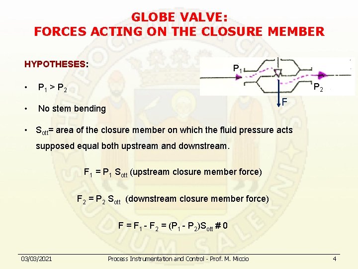 GLOBE VALVE: FORCES ACTING ON THE CLOSURE MEMBER HYPOTHESES: P 1 P 2 •