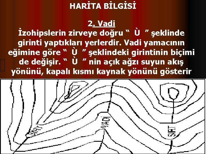 HARİTA BİLGİSİ 2. Vadi İzohipslerin zirveye doğru “ Ù ” şeklinde girinti yaptıkları yerlerdir.