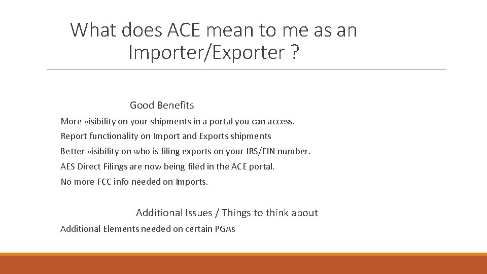 What does ACE mean to me as an Importer/Exporter ? Good Benefits More visibility
