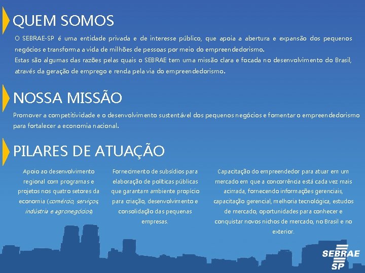 QUEM SOMOS O SEBRAE-SP é uma entidade privada e de interesse público, que apoia