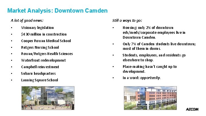 Market Analysis: Downtown Camden A lot of good news: • Visionary legislation • $430