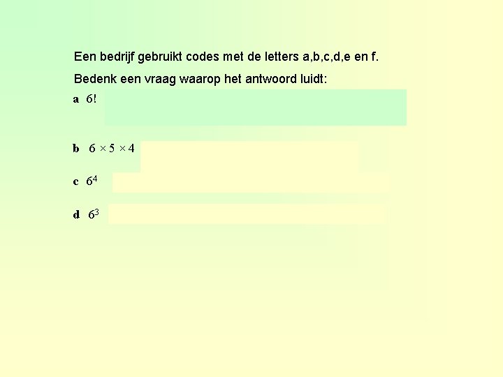 Een bedrijf gebruikt codes met de letters a, b, c, d, e en f.