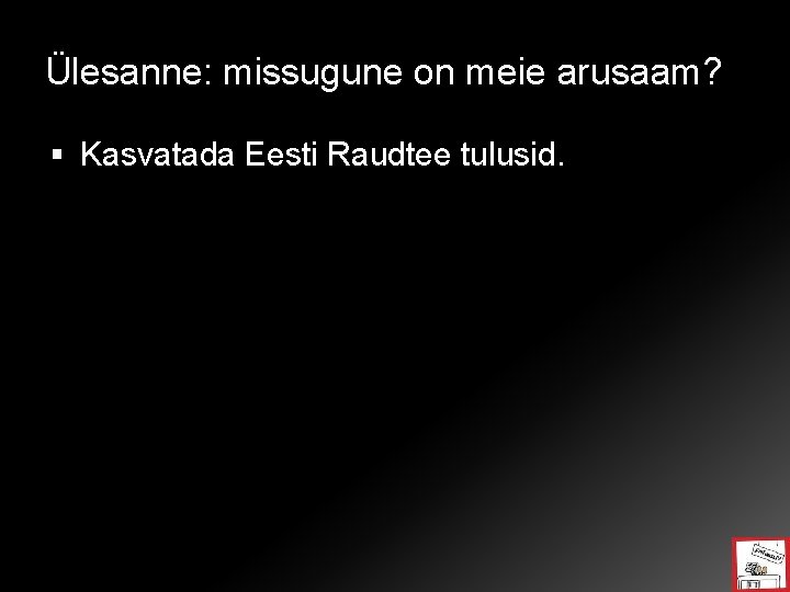 Ülesanne: missugune on meie arusaam? Kasvatada Eesti Raudtee tulusid. 