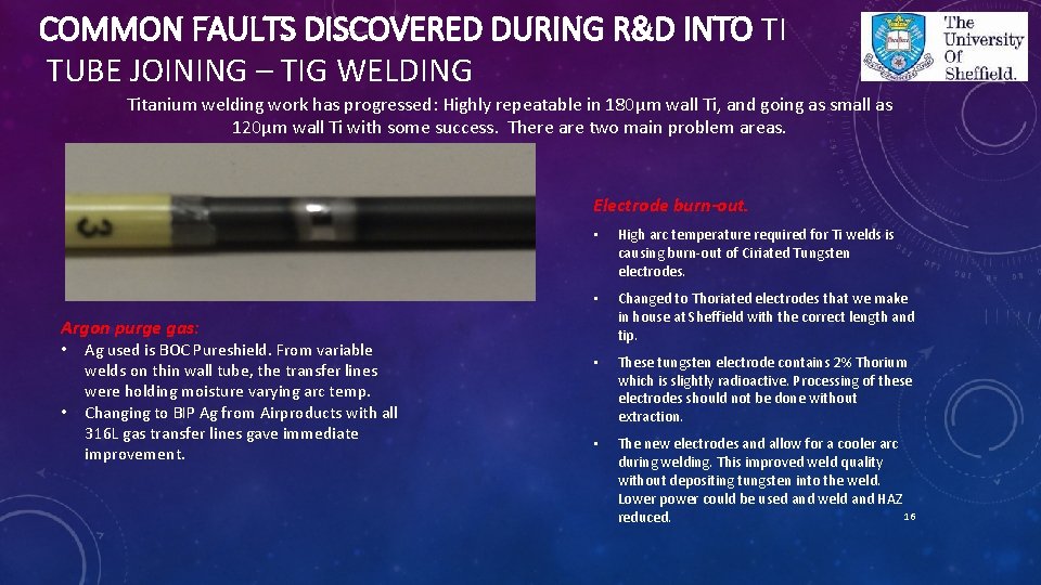 COMMON FAULTS DISCOVERED DURING R&D INTO TI TUBE JOINING – TIG WELDING Titanium welding