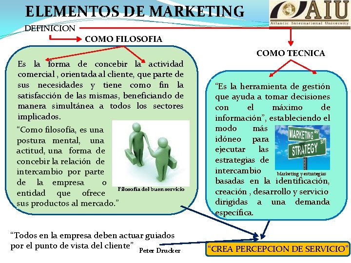 ELEMENTOS DE MARKETING DEFINICION COMO FILOSOFIA COMO TECNICA Es la forma de concebir la