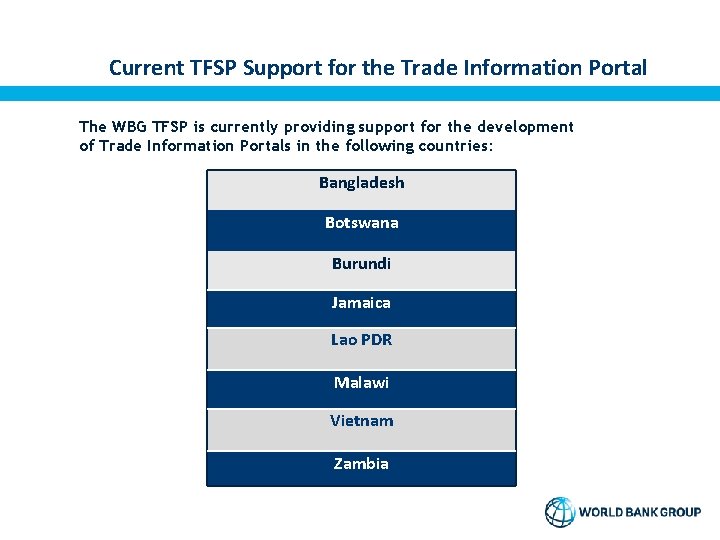 Current TFSP Support for the Trade Information Portal The WBG TFSP is currently providing