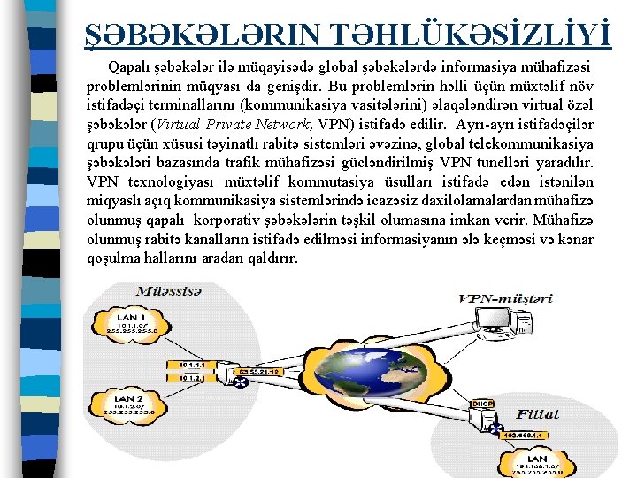 ŞƏBƏKƏLƏRIN TƏHLÜKƏSİZLİYİ • Qapalı şəbəkələr ilə müqayisədə global şəbəkələrdə informasiya mühafizəsi problemlərinin müqyası da