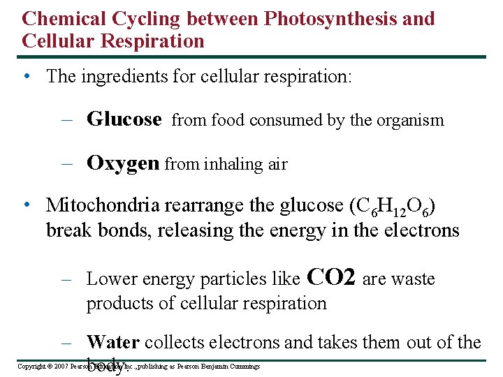 Chemical Cycling between Photosynthesis and Cellular Respiration • The ingredients for cellular respiration: –