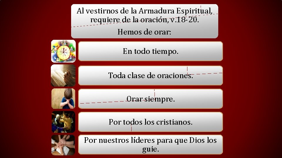 Al vestirnos de la Armadura Espiritual, requiere de la oración, v. 18 -20. Hemos