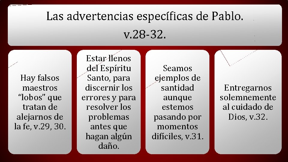 Las advertencias específicas de Pablo. v. 28 -32. Hay falsos maestros “lobos” que tratan