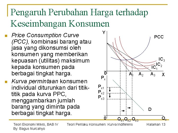 Pengaruh Perubahan Harga terhadap Keseimbangan Konsumen n n Price Consumption Curve (PCC), kombinasi barang
