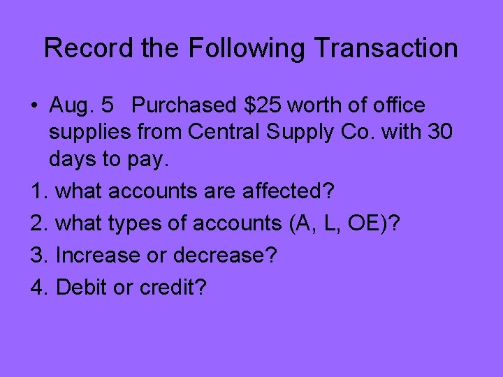 Record the Following Transaction • Aug. 5 Purchased $25 worth of office supplies from