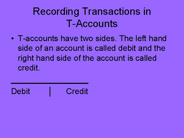 Recording Transactions in T-Accounts • T-accounts have two sides. The left hand side of