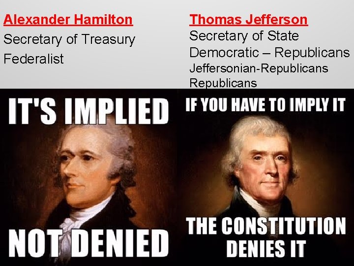 Alexander Hamilton Secretary of Treasury Federalist Thomas Jefferson Secretary of State Democratic – Republicans