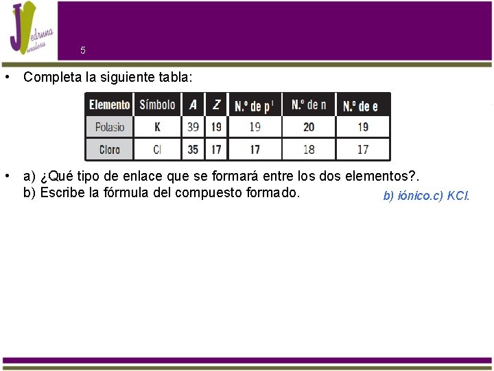 5 • Completa la siguiente tabla: • a) ¿Qué tipo de enlace que se