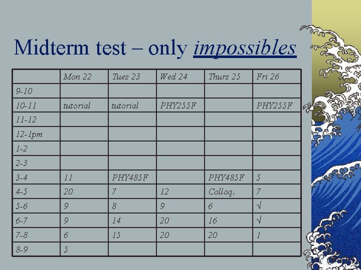 Midterm test – only impossibles Mon 22 Tues 23 Wed 24 tutorial PHY 255