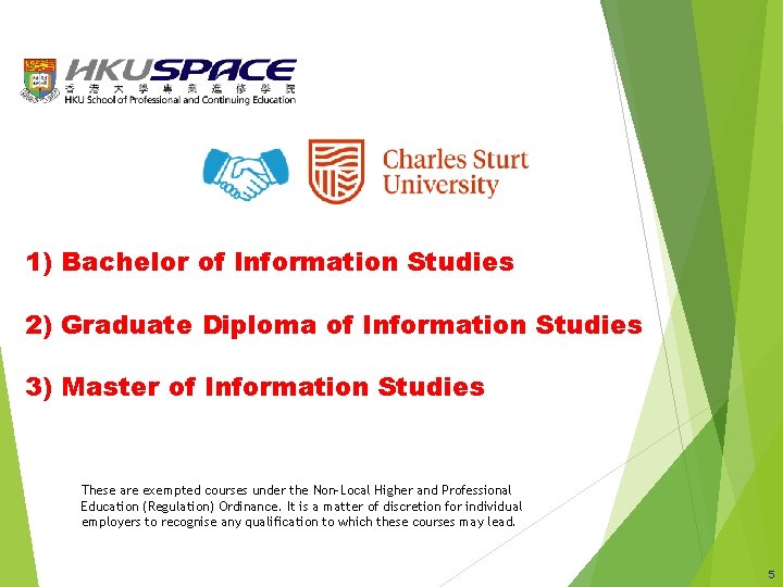 1) Bachelor of Information Studies 2) Graduate Diploma of Information Studies 3) Master of