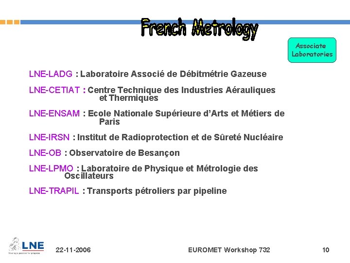 Associate Laboratories LNE-LADG : Laboratoire Associé de Débitmétrie Gazeuse LNE-CETIAT : Centre Technique des