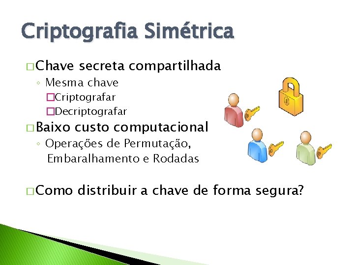 Criptografia Simétrica � Chave secreta compartilhada ◦ Mesma chave �Criptografar �Decriptografar � Baixo custo