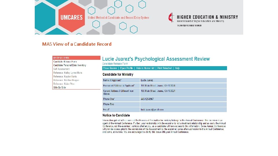 MAS View of a Candidate Record 