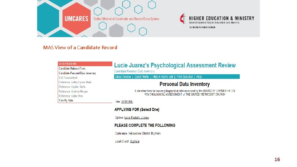 MAS View of a Candidate Record 16 