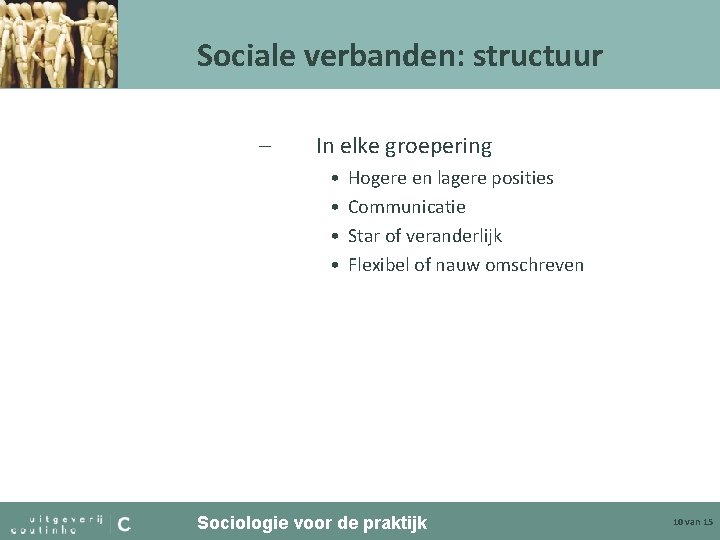 Sociale verbanden: structuur – In elke groepering • • Hogere en lagere posities Communicatie