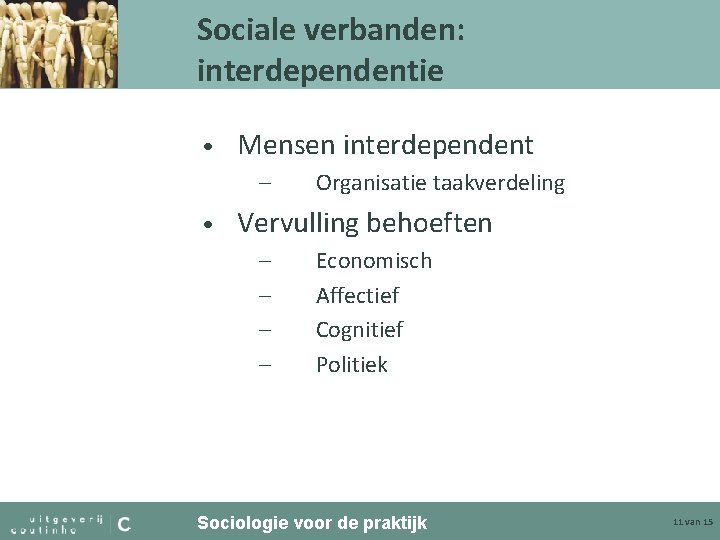 Sociale verbanden: interdependentie • Mensen interdependent – • Organisatie taakverdeling Vervulling behoeften – –